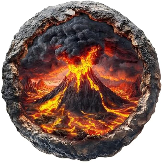 WOODEN PUZZLE ADULTS AND CHILDREN, 3D VOLCANIC ERUPTION CIRCULAR UNIQUE PUZZLE, WOODEN PUZZLE ADULTS WITH WOODEN GIFT BOX (M-200 PIECES) - Image 1